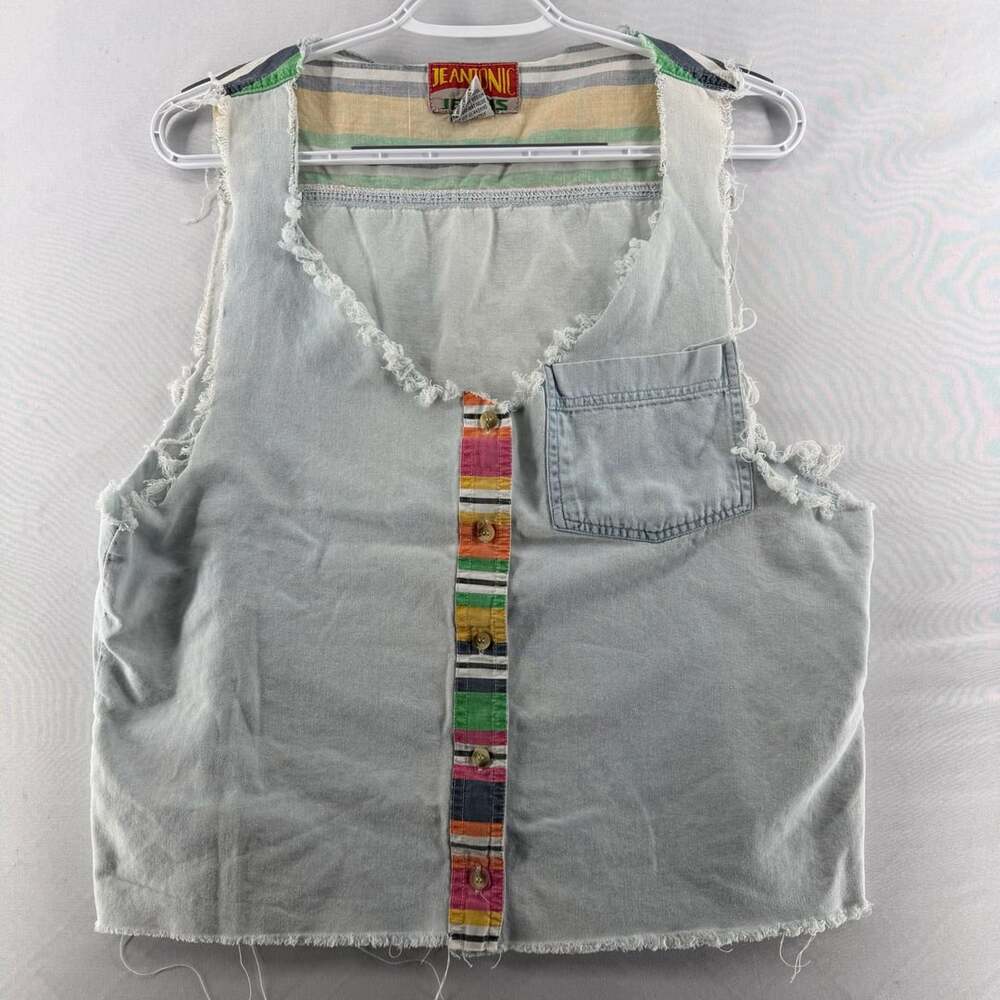 1550 Vintage Jeantonic Jeans Vest Size S Light Wash Denim Striped